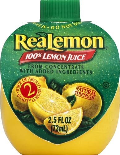 Realemon lemon juice label closeup highlights 100% juice and strength