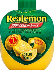 Realemon lemon juice label closeup highlights 100% juice and strength