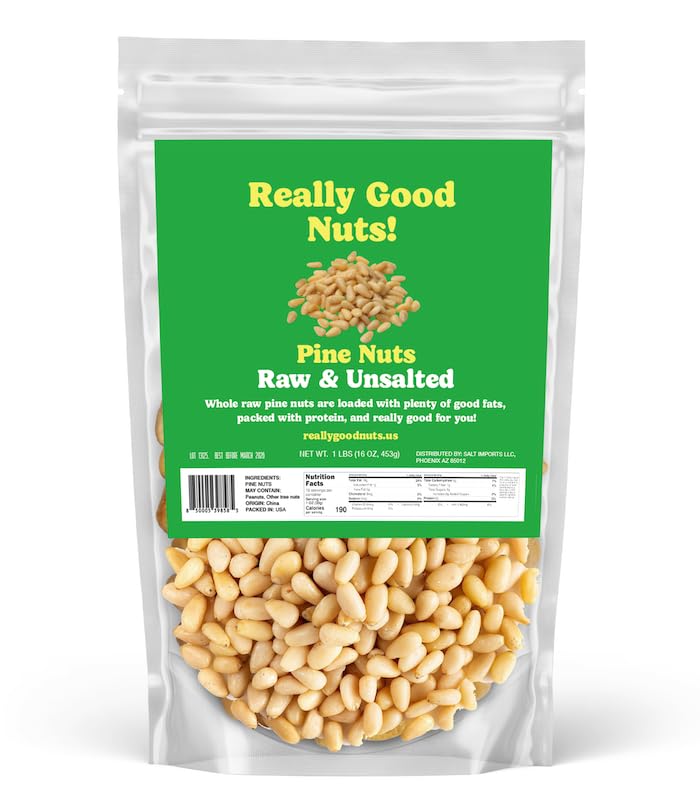Really Good Nuts pine nuts bag closeup showing creamy texture ideal for pesto