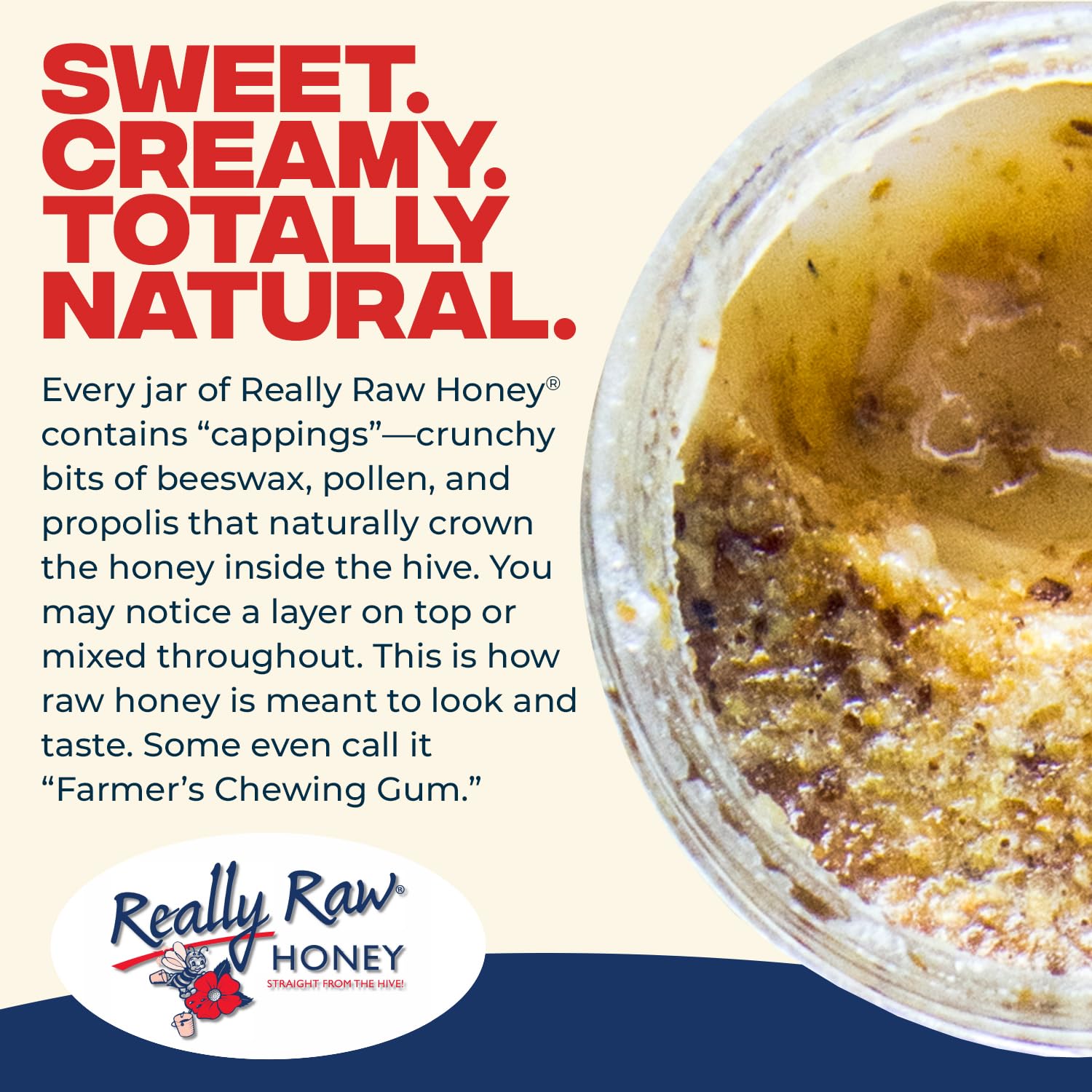 Really Raw Honey with crunchy honeycomb cappings inside the jar.