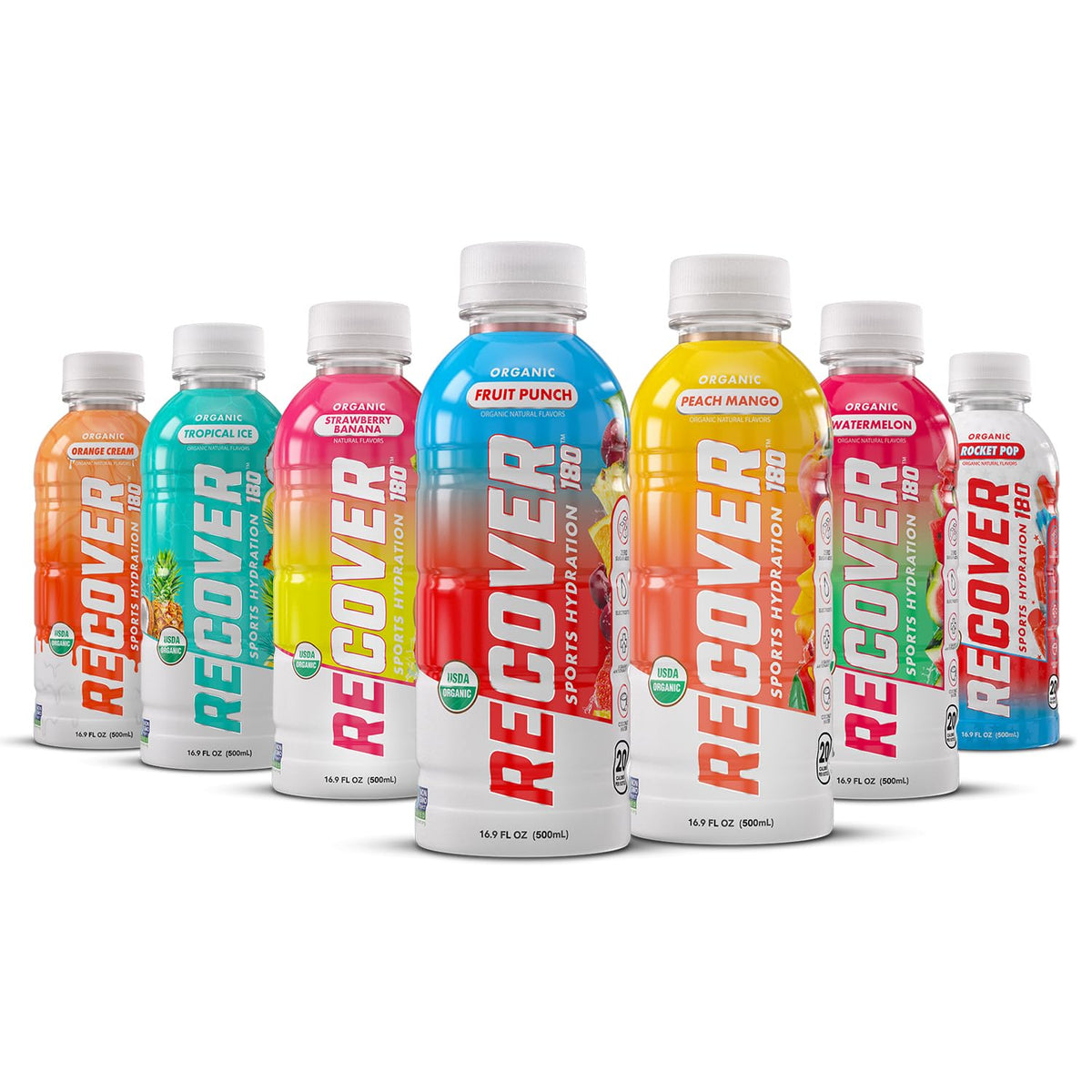 RECOVER 180 bottle-front view highlights organic hydration for workouts