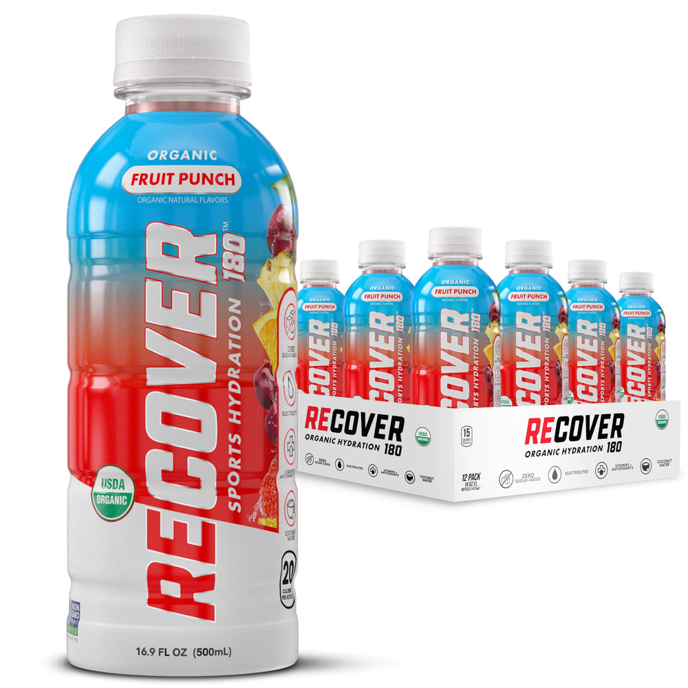 RECOVER 180 organic hydration bottle, fruit punch, refreshing for workouts.