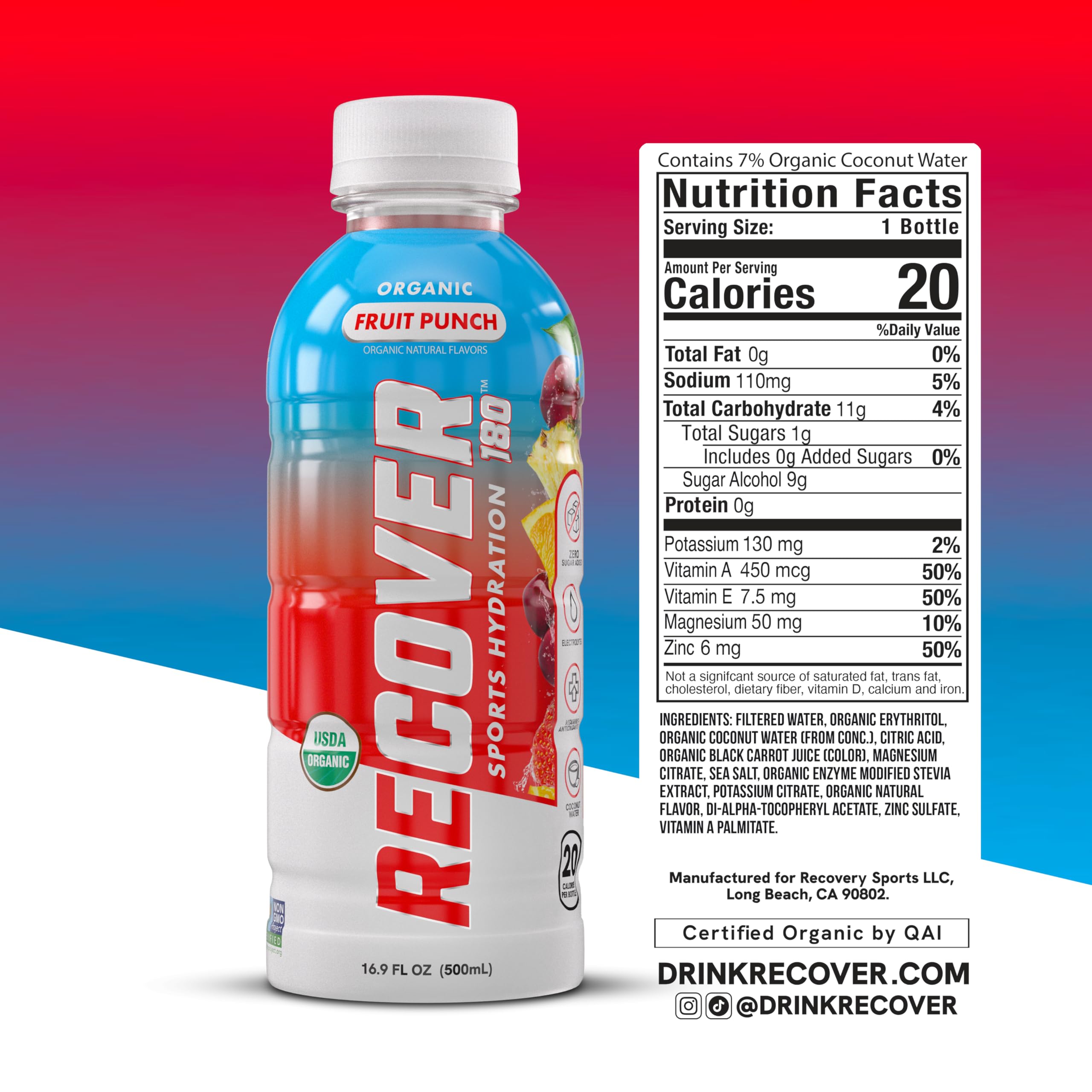 RECOVER 180 bottle-side view shows no sugar added and calorie-conscious hydration