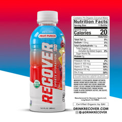 RECOVER 180 bottle-side view shows no sugar added and calorie-conscious hydration