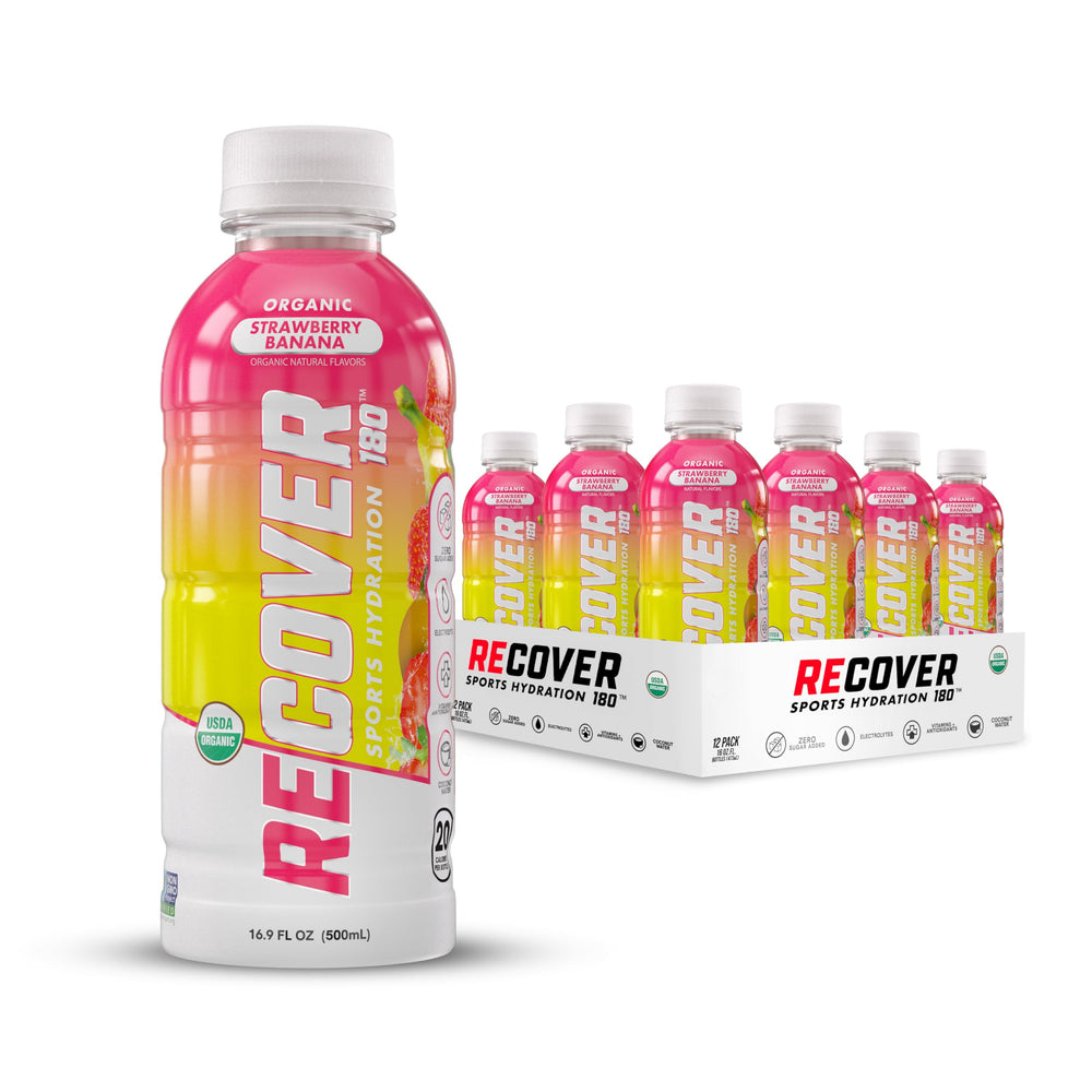 RECOVER 180 strawberry banana bottle front for on-the-go hydration