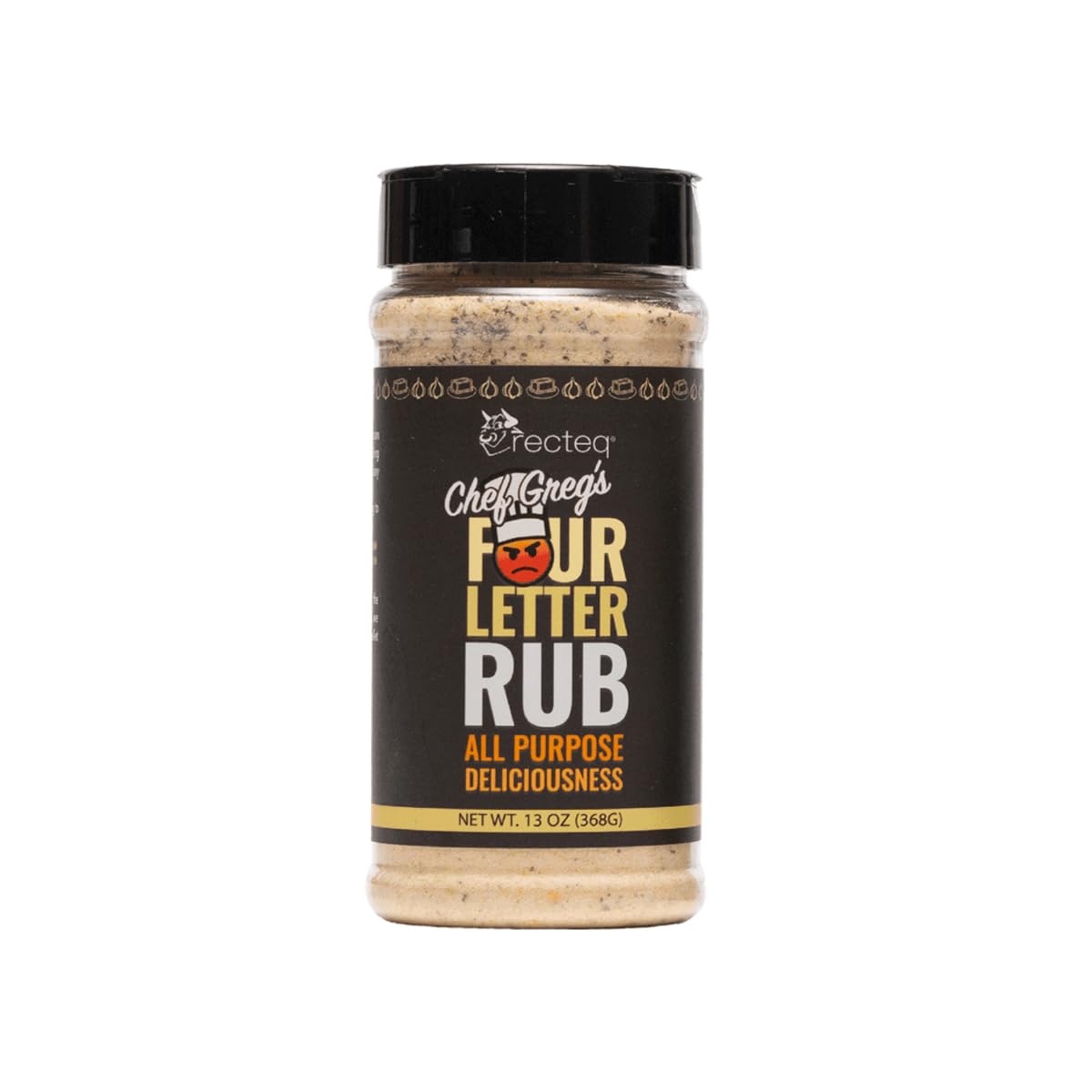 recteq Chef Greg's 4 Letter Rub bottle boosts flavor on fish, chicken, and pork.