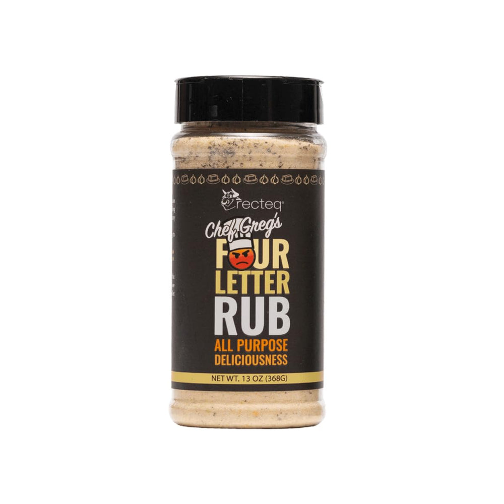 recteq Chef Greg's 4 Letter Rub bottle boosts flavor on fish, chicken, and pork.