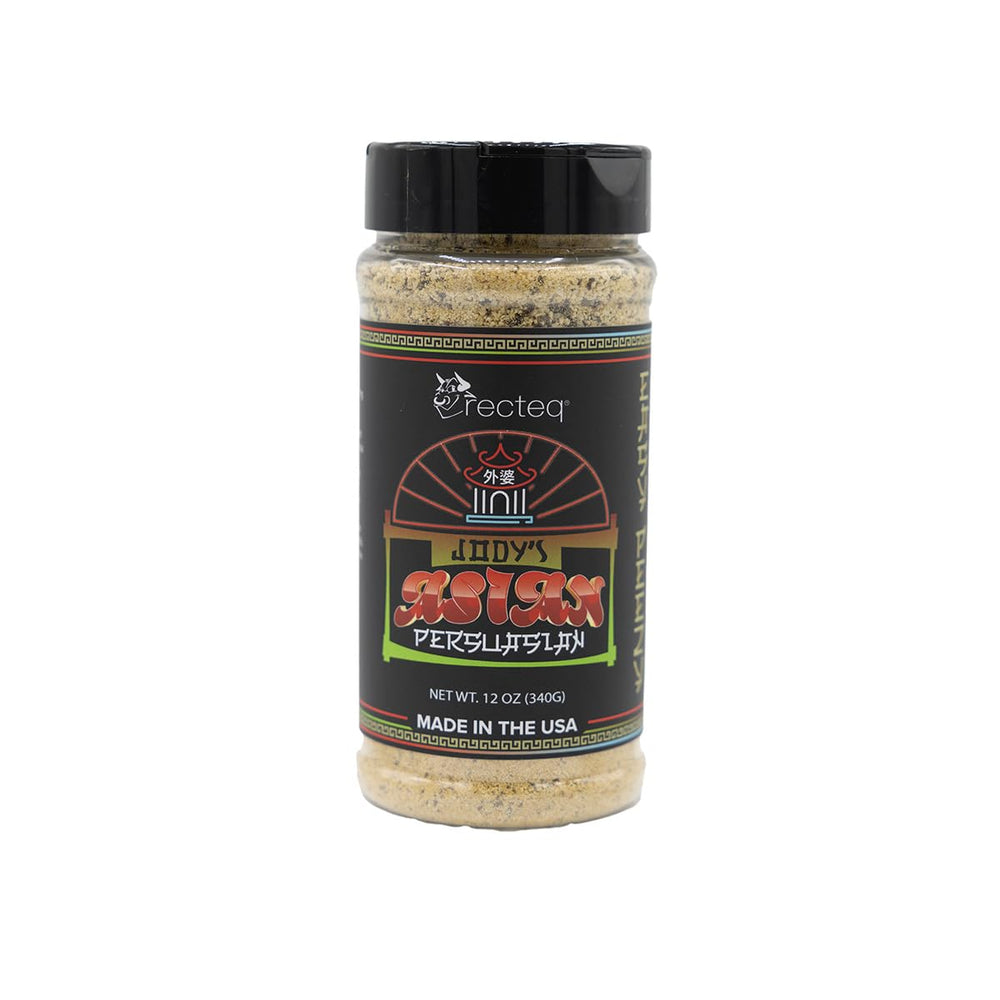 recteq Jody's Asian Persuasion rub bottle with smoky ginger-sriracha profile for grilling