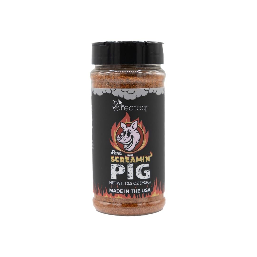 recteq Ron's Screamin' Pig Rub bottle pour boosts pork flavor with balanced sweet heat