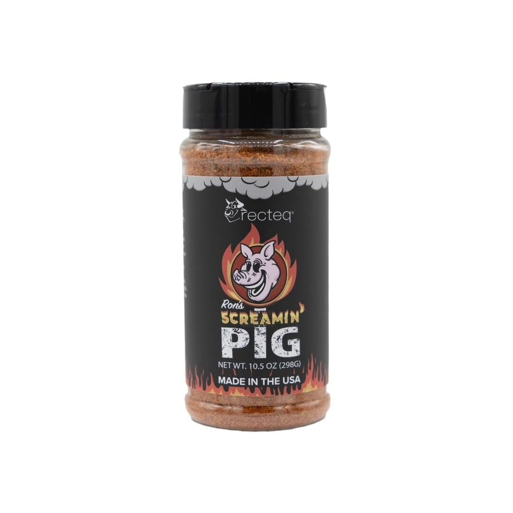 recteq Ron's Screamin' Pig Rub spice shelf display with versatile pork rub options