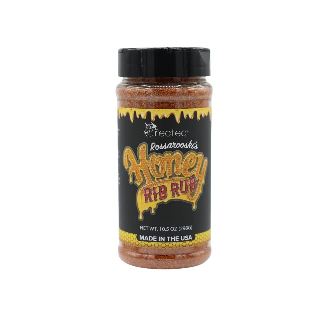 Recteq Rossarooski's Honey Rib Rub bottle ready for a rich honey glaze on ribs