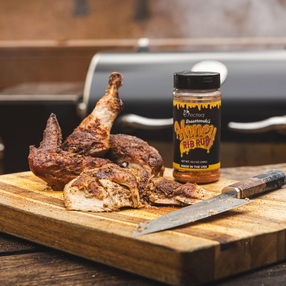 Recteq Rossarooski's Honey Rib Rub ribs on grill showing caramelization
