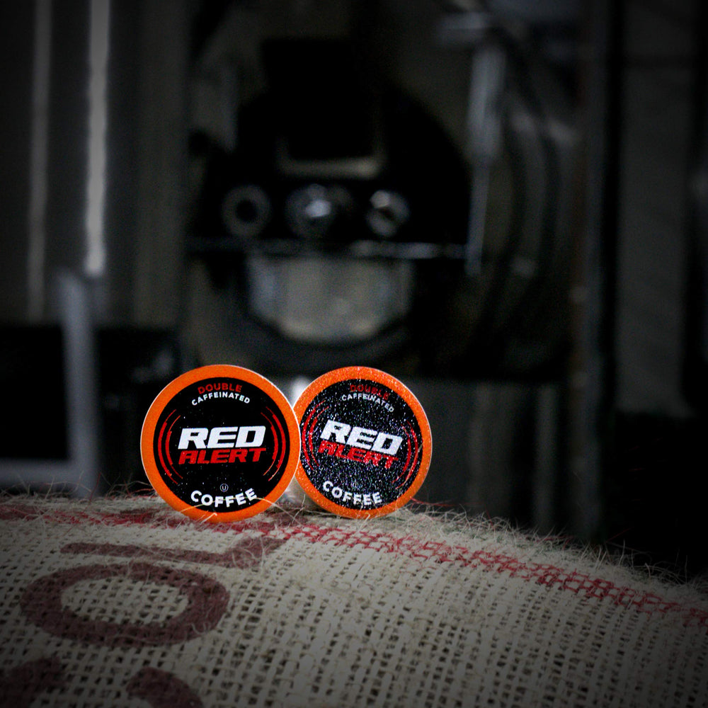 Red Alert packaging with compatibility note for Keurig brewers.