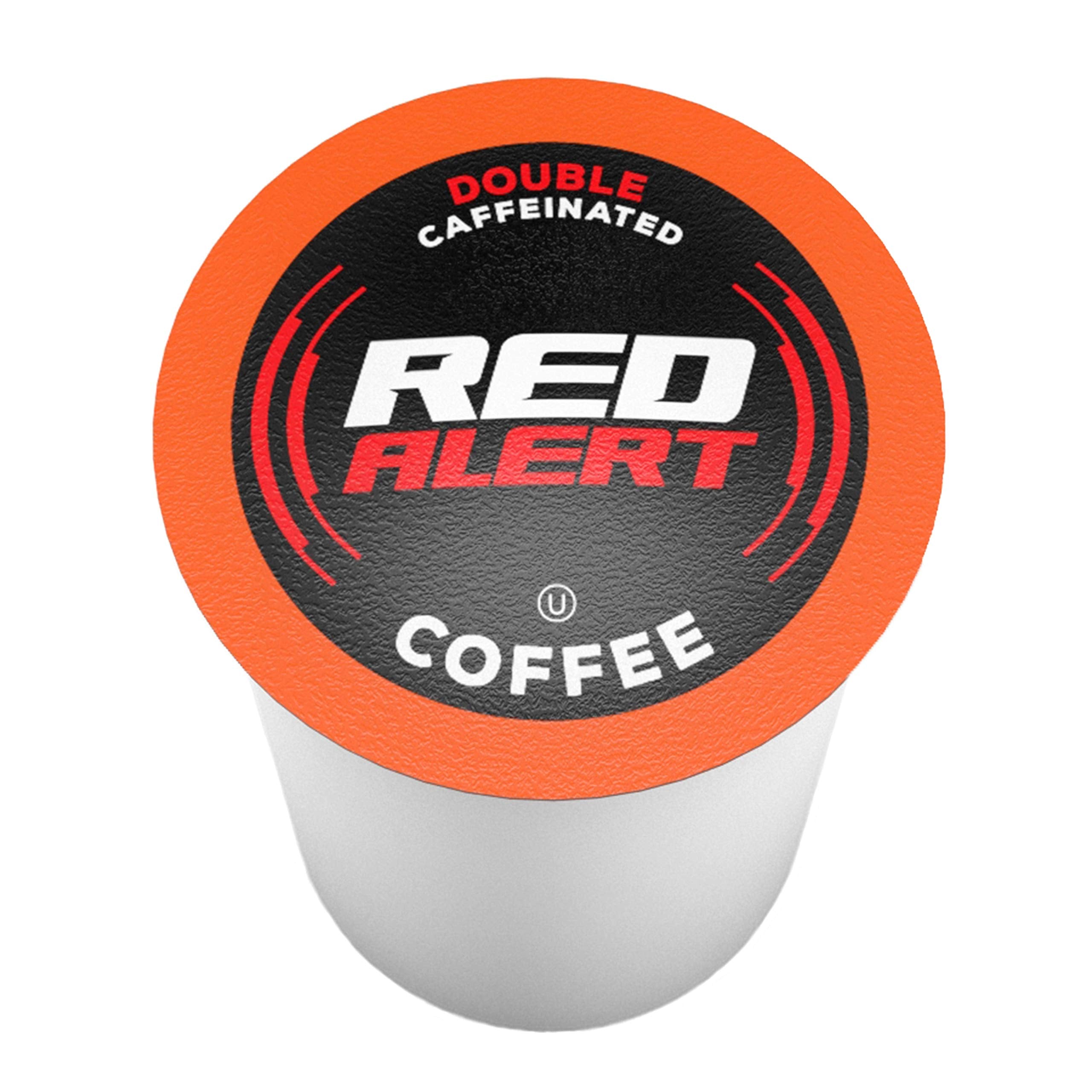 Red Alert pods beside a cup delivering a bold caffeine boost.