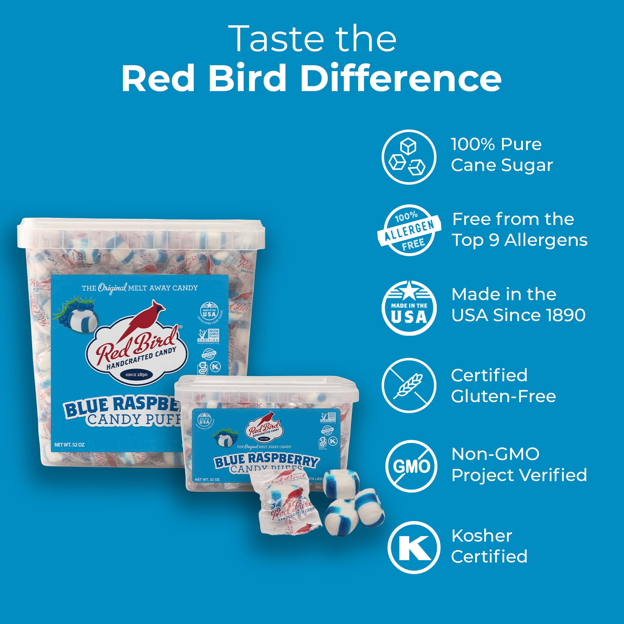 Red Bird Blue Raspberry Candy in a bowl for tastings and parties.