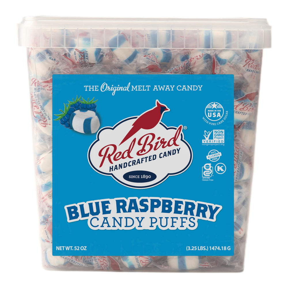 Red Bird blue raspberry candy tub showcases vibrant color, ideal for party favors.