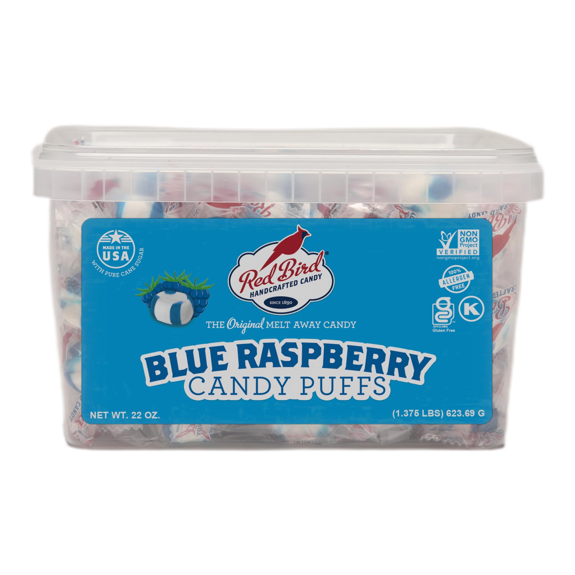 Red Bird Blue Raspberry Candy tub, ideal for sharing at gatherings.