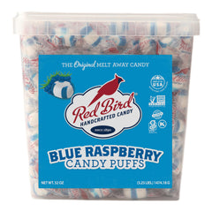 Red Bird blue raspberry candy tub showcases vibrant color, ideal for party favors.