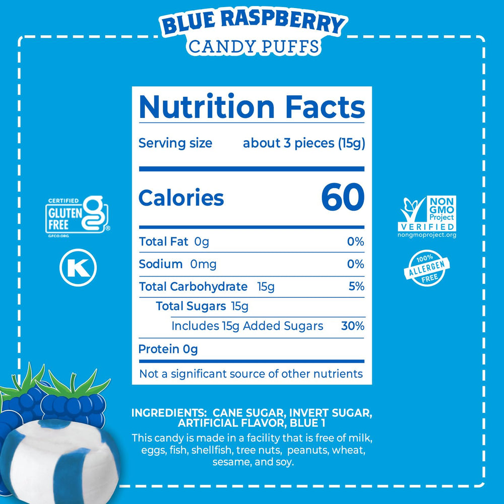 Red Bird blue raspberry candy puffs, individually wrapped, travel-friendly snack.
