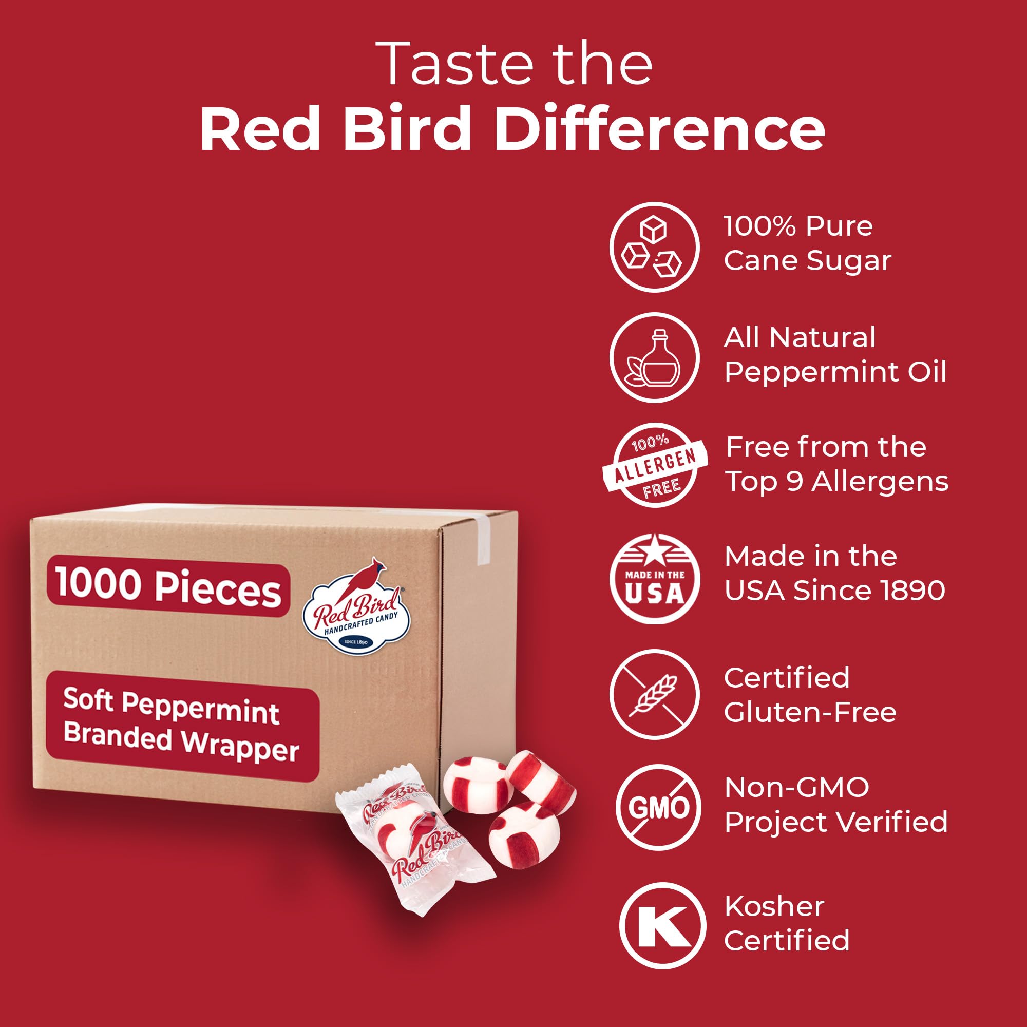 Red Bird wrapper with red-white stripes enhances festive candy presentation.