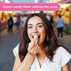 Red Bird Cotton Candy Puffs close-up texture, pastel stripes and fluffy bite.