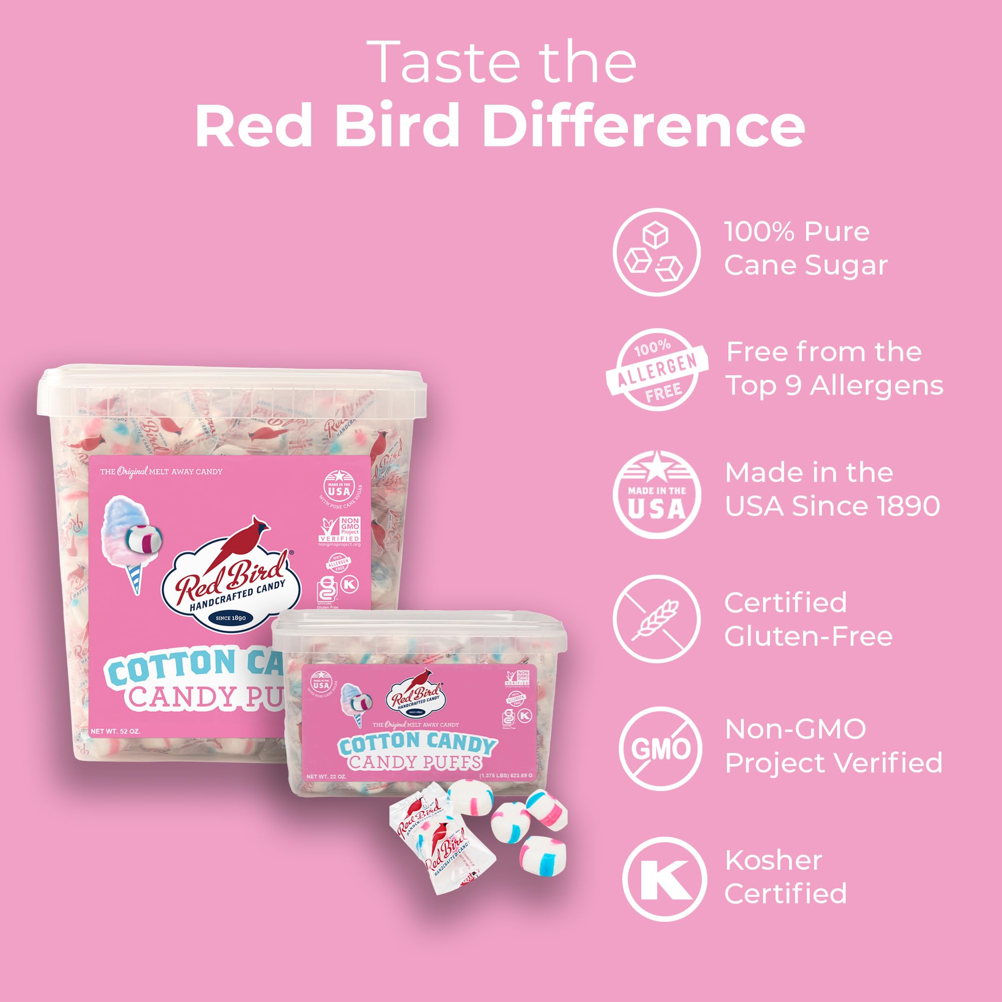 Red Bird Cotton Candy Puffs packaging, user-friendly party favor with no mess.