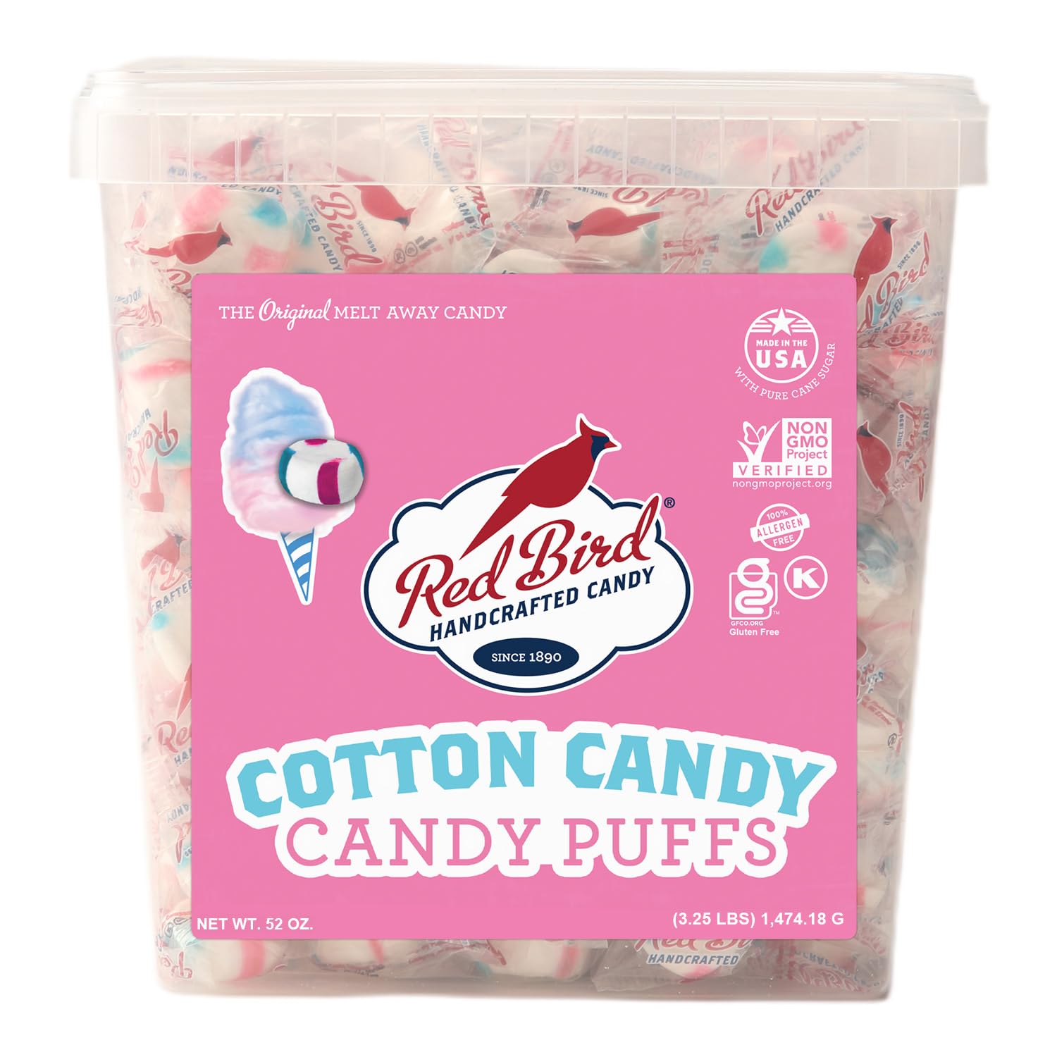 Red Bird cotton candy puffs tub, striped pink blue white, for shareable treats