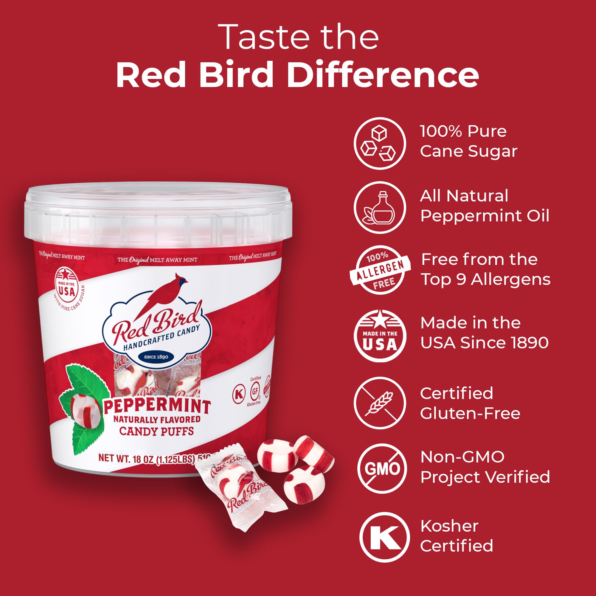Red Bird peppermint candy melt texture close-up highlights smooth refreshing bite