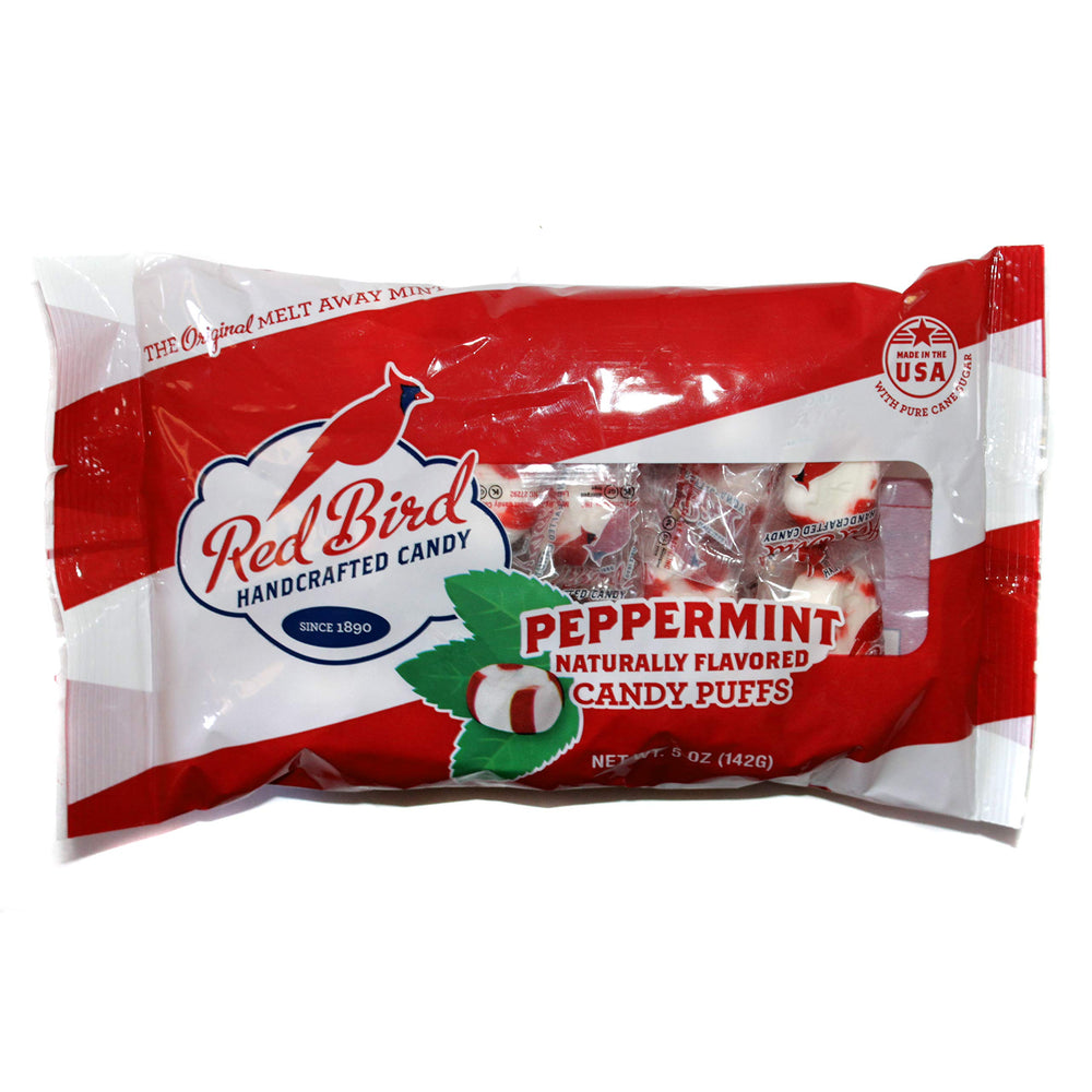 Red Bird Peppermint Candy Puffs bag front view shows crisp packaging and fresh mint flavor.