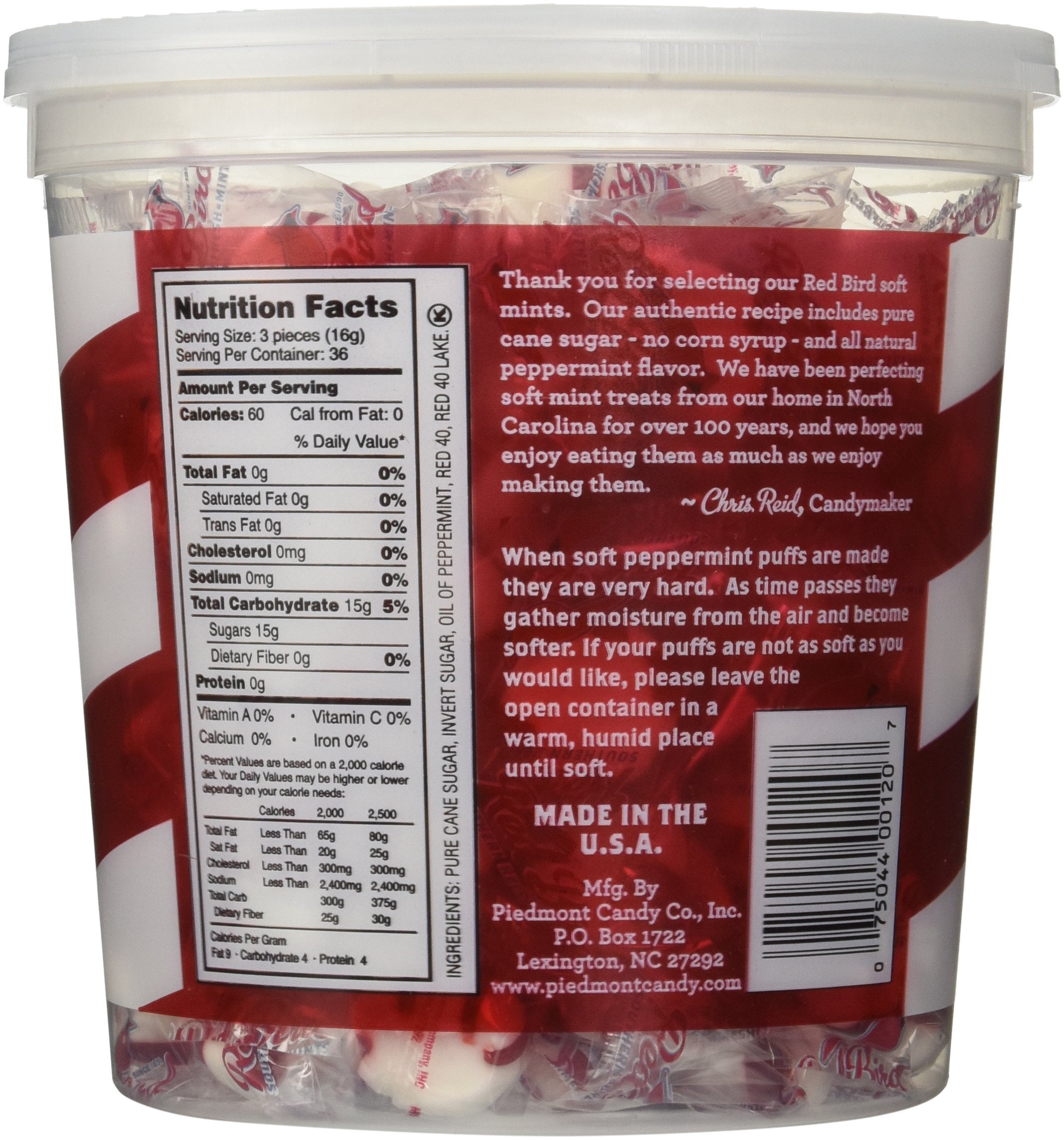 Red Bird Peppermint Puffs soft close-up, highlights mint flavor and chewy texture.