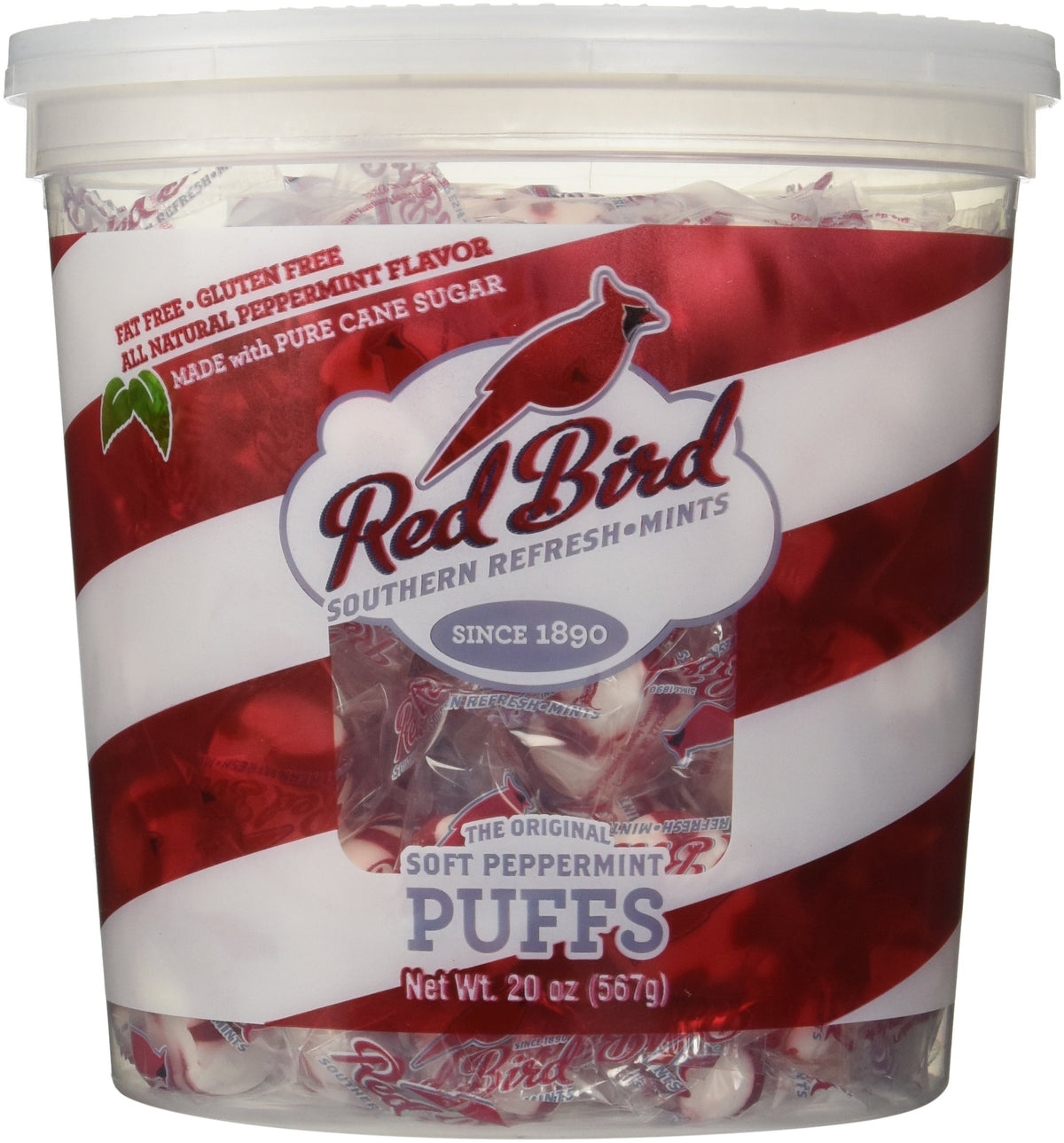 Red Bird Peppermint Puffs tub front view, ideal for sharing and convenient snacking.