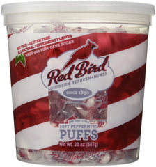 Red Bird Peppermint Puffs tub front view, ideal for sharing and convenient snacking.