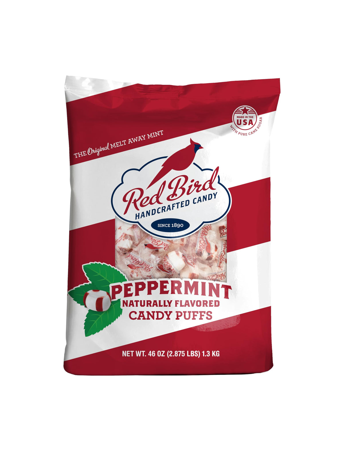 Red Bird soft peppermint candy bag showcasing individually wrapped puffs, ideal for sharing at work