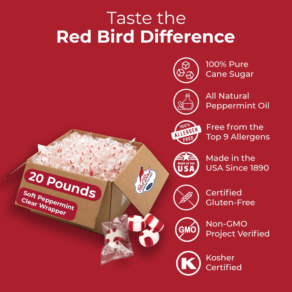 Red Bird bulk pack on a shelf with clear wrappers boosts display appeal.