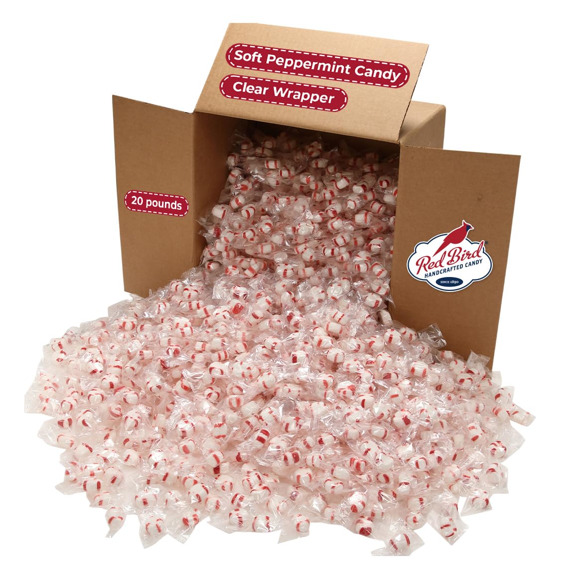 Red Bird Soft Peppermint Candy Puffs in clear wrappers for display and sharing.