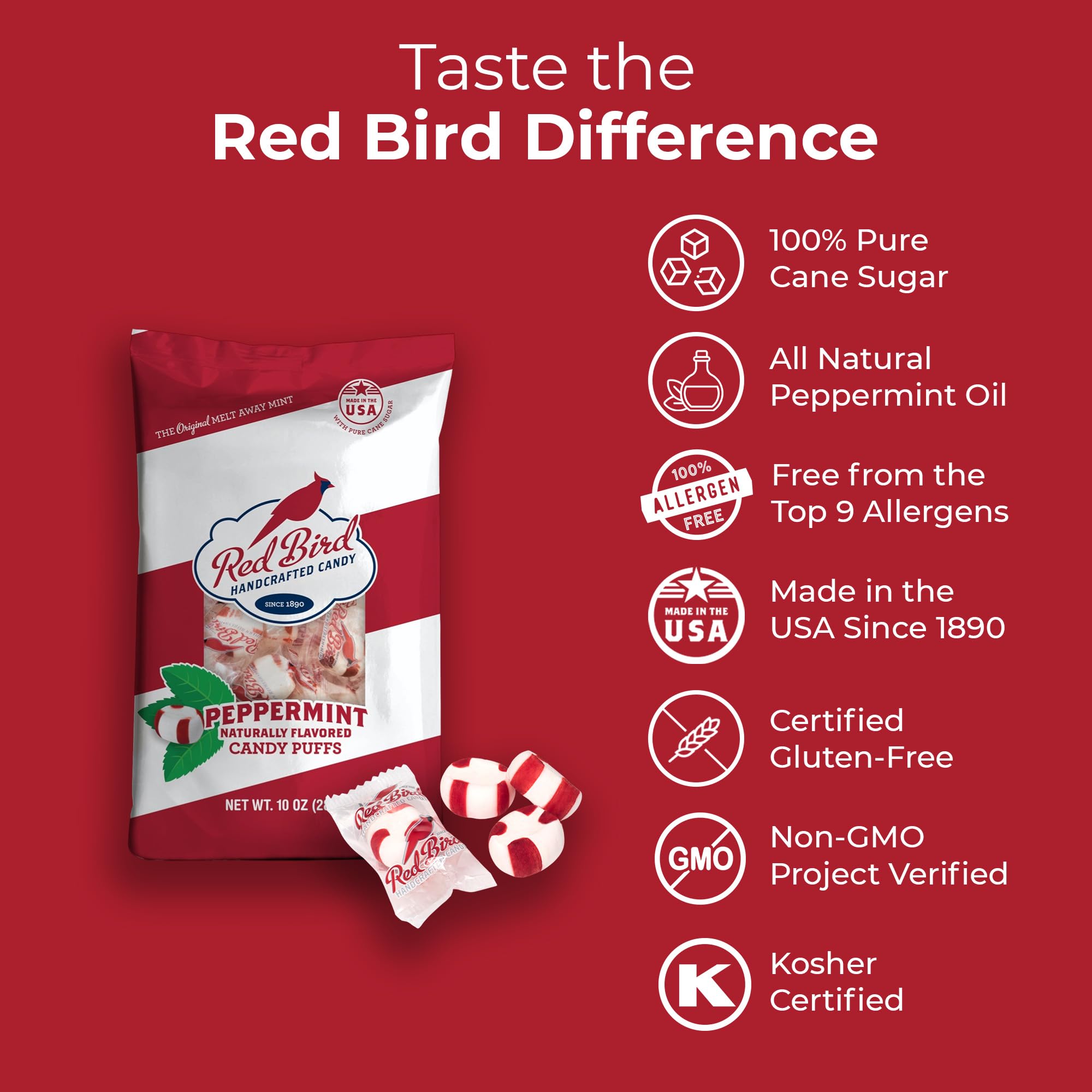 Red Bird peppermint texture close-up shows melt-away softness.
