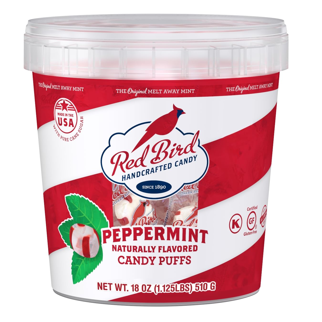 Red Bird soft peppermint candy tub close-up showing melt-in-your-mouth texture