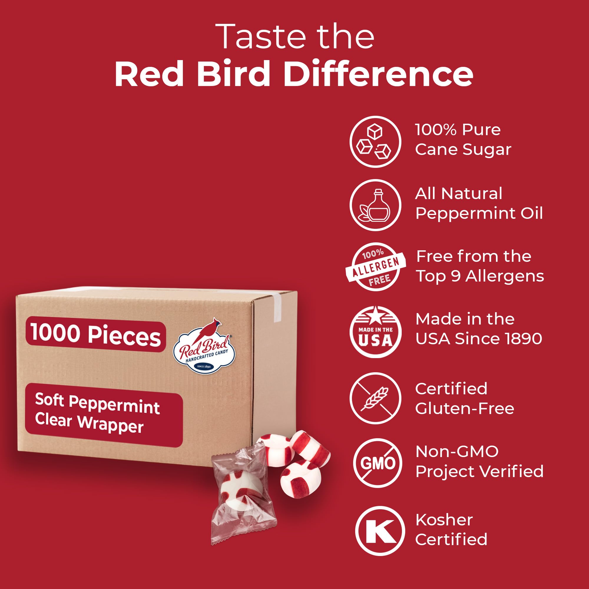 Close-up of Red Bird mints with natural peppermint flavor.