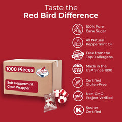 Close-up of Red Bird mints with natural peppermint flavor.