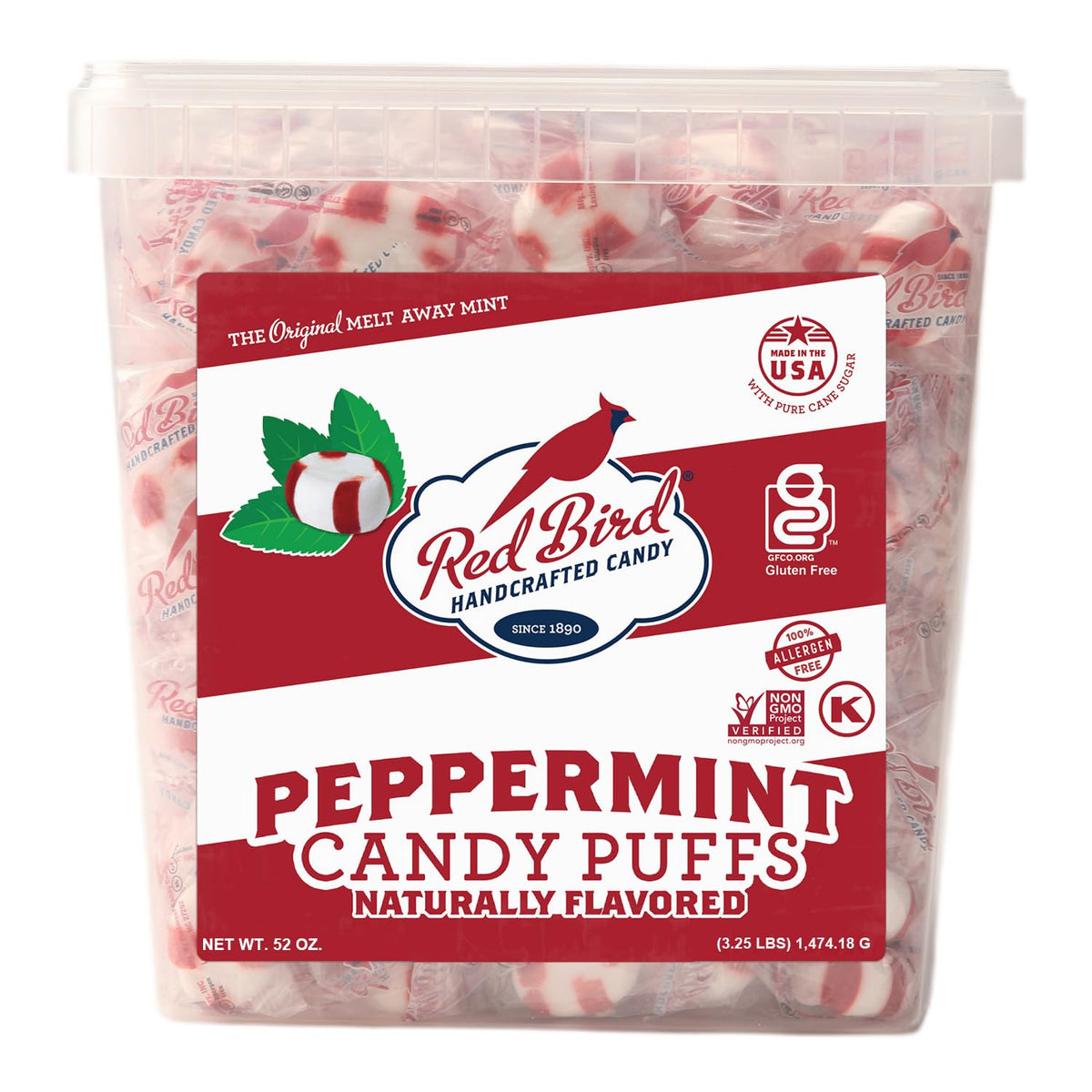 Red Bird Soft Peppermint Puffs tub with melt-away texture for quick refreshment