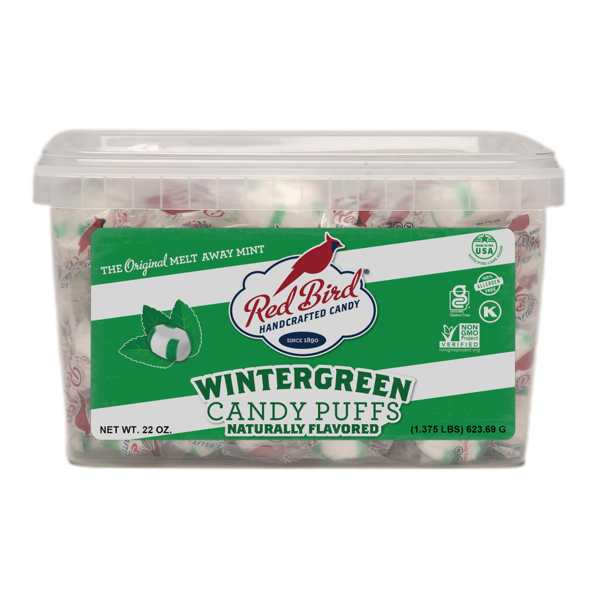 Red Bird Wintergreen Mints tub with green stripes for sharing in offices.