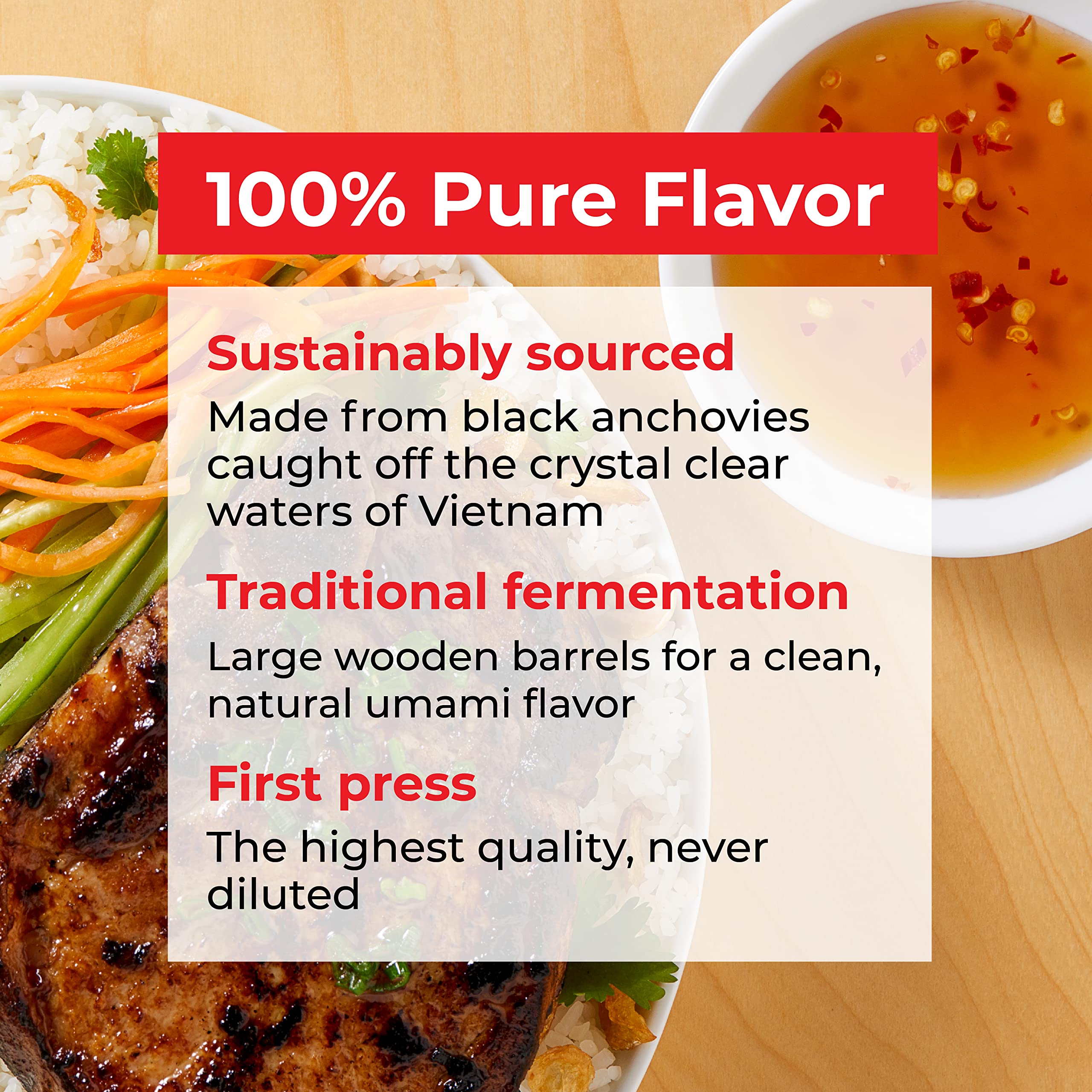 Red Boat label close-up highlights two-ingredient simplicity.