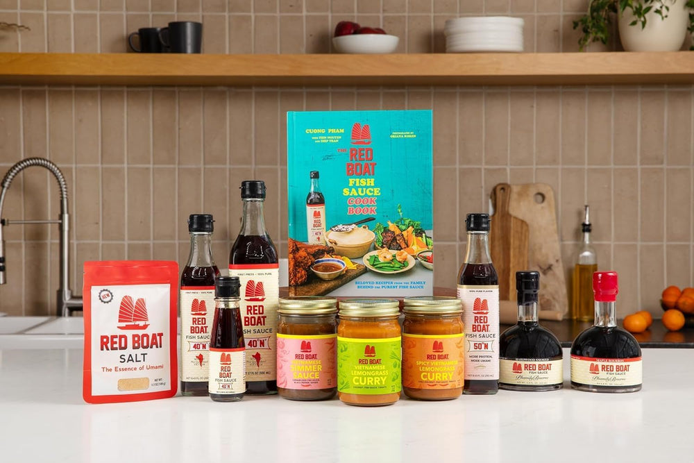 Red Boat Phamily Reserve bottle on table, gluten-free and sugar-free flavor option