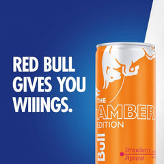 Red Bull Amber Edition condensation on can ready for on-the-go tasks