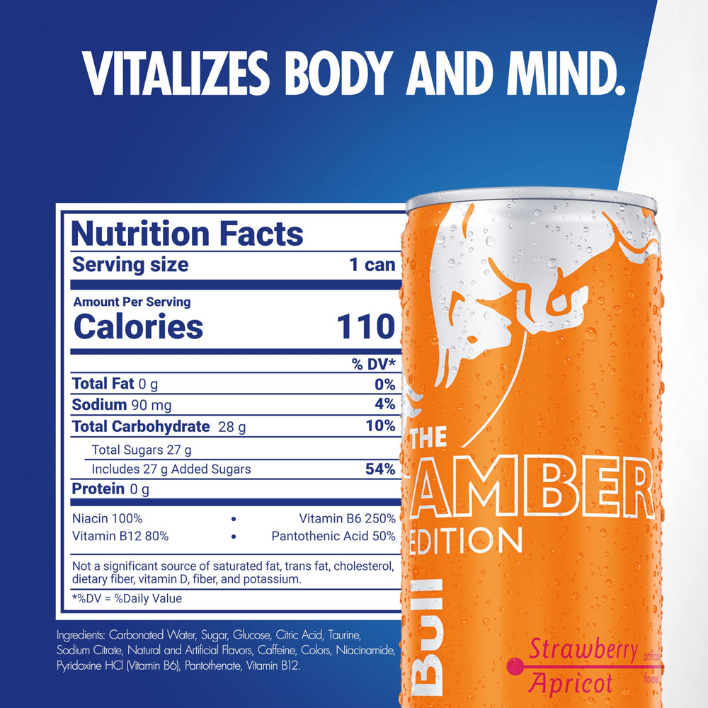 Red Bull Amber Edition Strawberry Apricot can back shows nutrition details for quick, portable energy