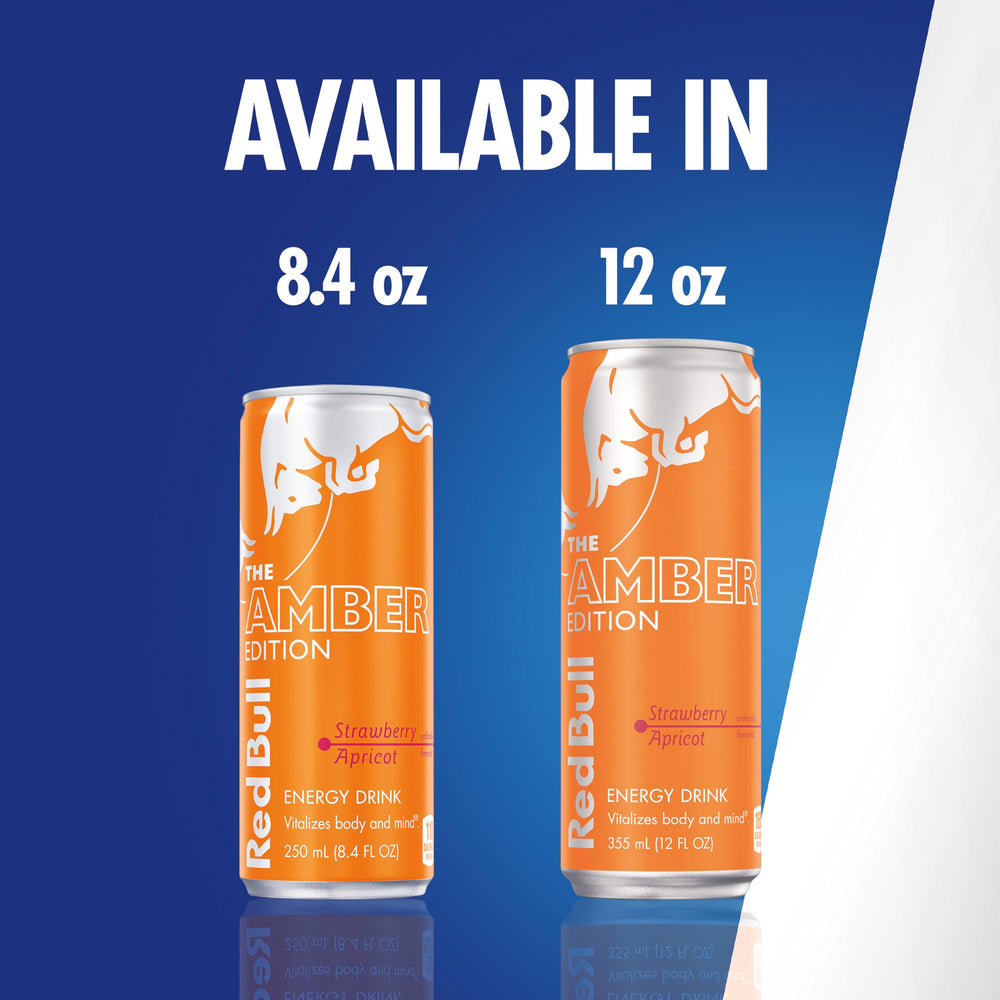 Six-pack display of Red Bull Amber Edition Strawberry Apricot cans