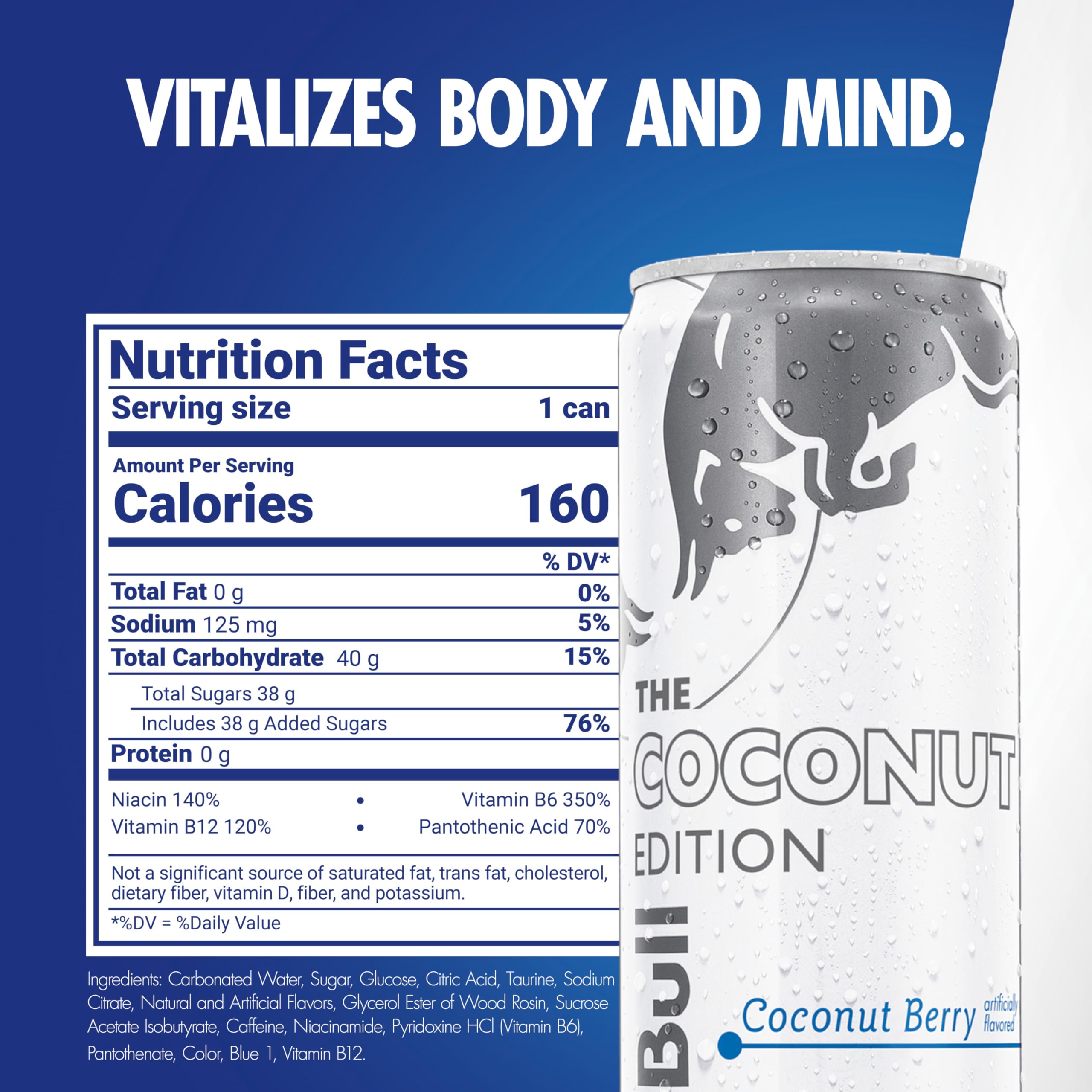 Red Bull Coconut Edition Coconut Berry label detail with ingredients and caffeine.