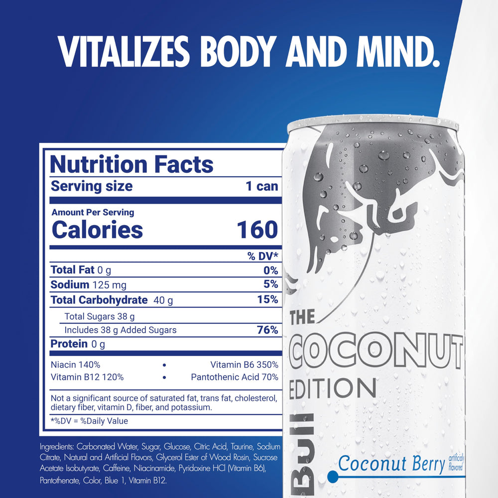 Red Bull Coconut Edition Coconut Berry label detail with ingredients and caffeine.
