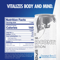 Red Bull Coconut Edition Coconut Berry label detail with ingredients and caffeine.