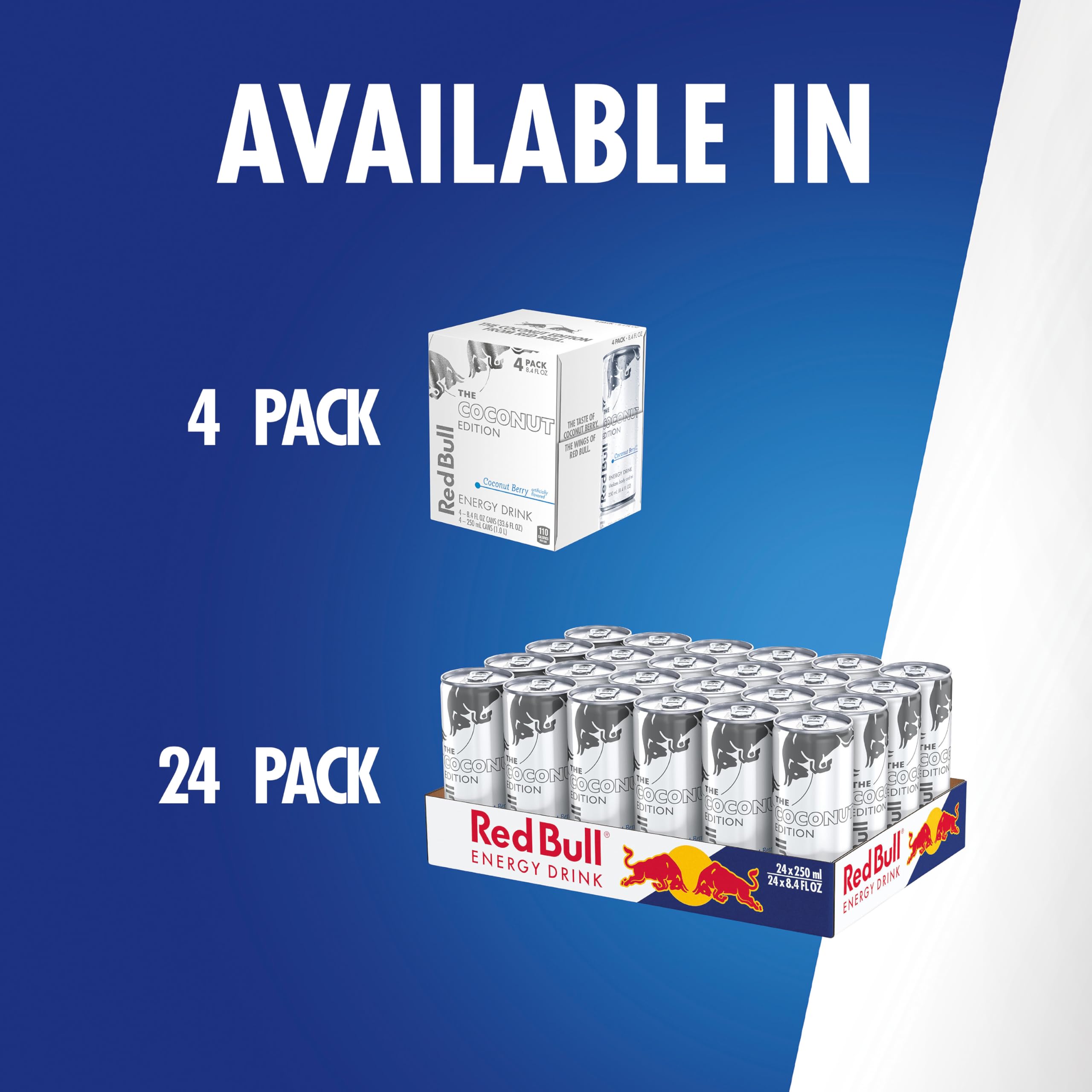 Red Bull Coconut Edition four-pack on shelf offers easy daily recharge.